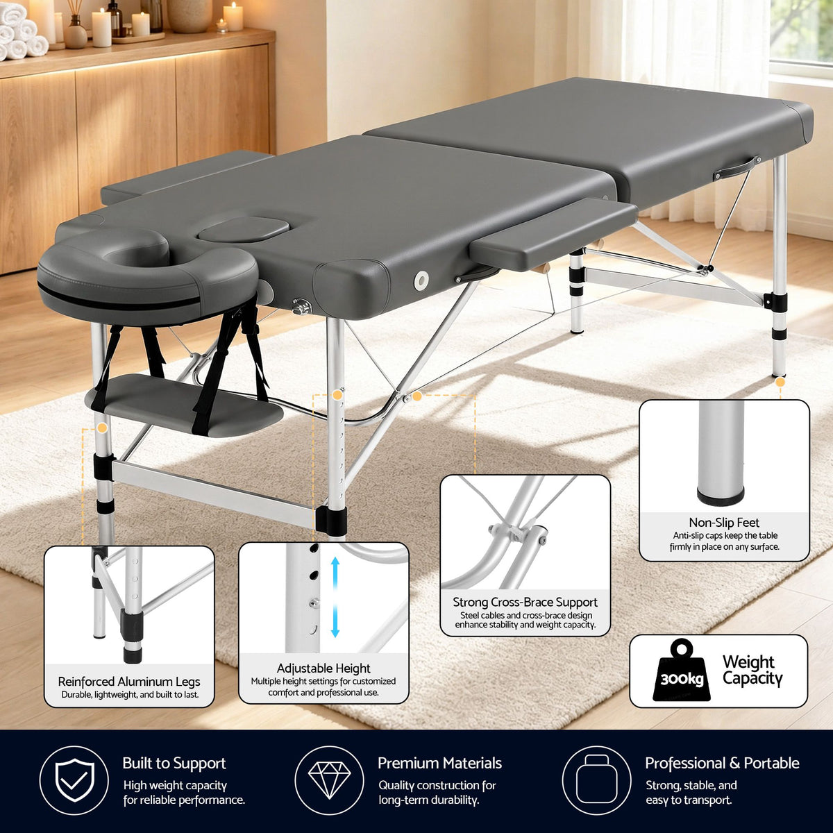 Zenses Portable Massage Table 55cm 2 Fold Aluminium Grey
