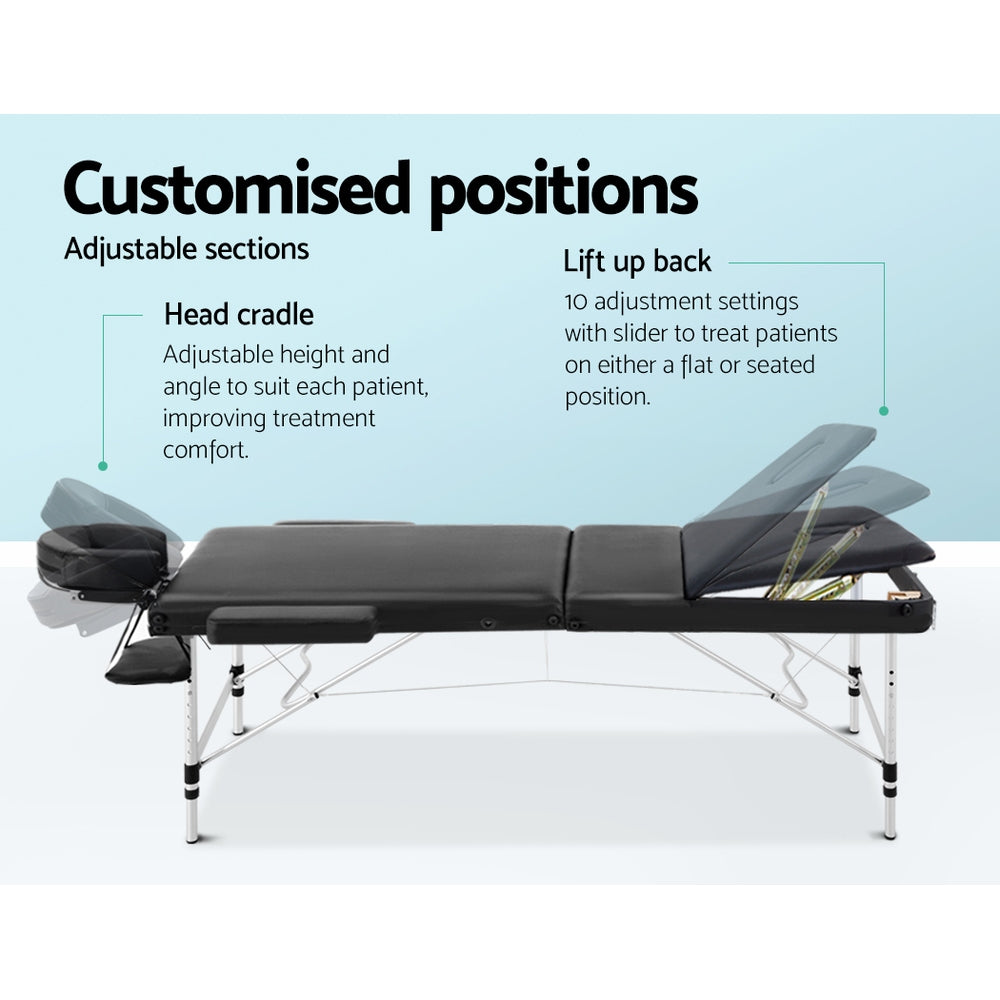 Zenses 75cm Portable 3 Fold Aluminium Massage Table Black