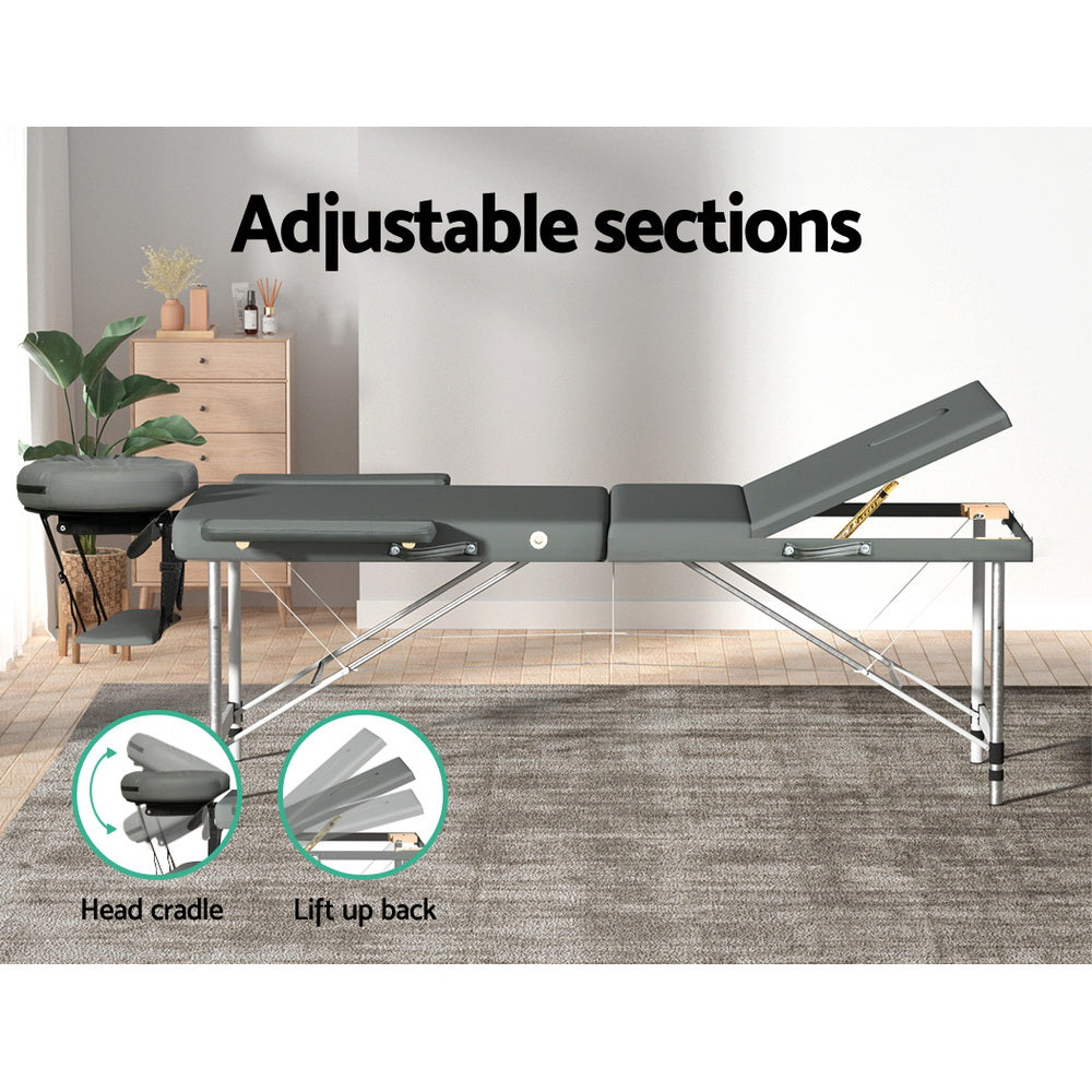 Zenses 75cm Portable Massage Table 3 Fold Aluminium Grey