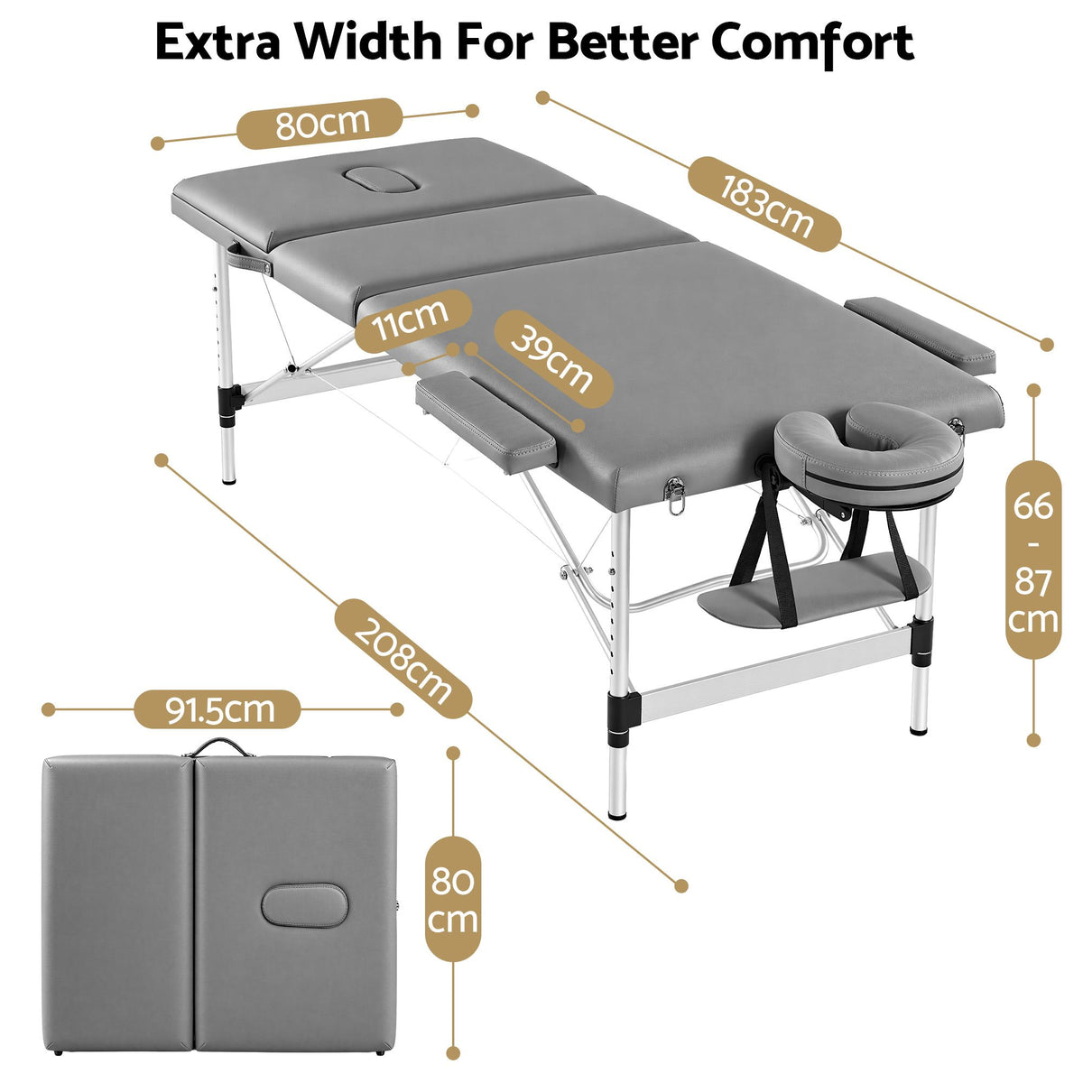 Zenses 3-Fold Aluminium Portable Massage Table 80cm Grey