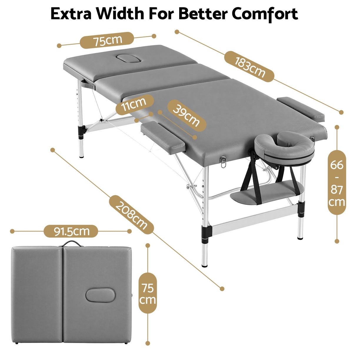 Zenses 3-Fold Portable Massage Table 75cm Grey