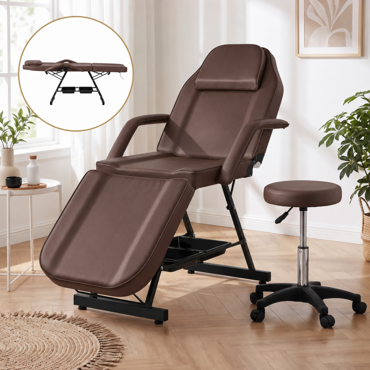 Zenses Adjustable Beauty Bed with Stool, Brown, Facial Massage Table