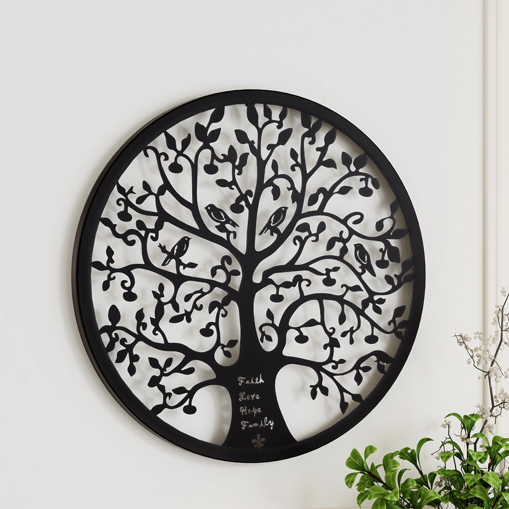 Tree of Life Metal Wall Art Round Frame Black