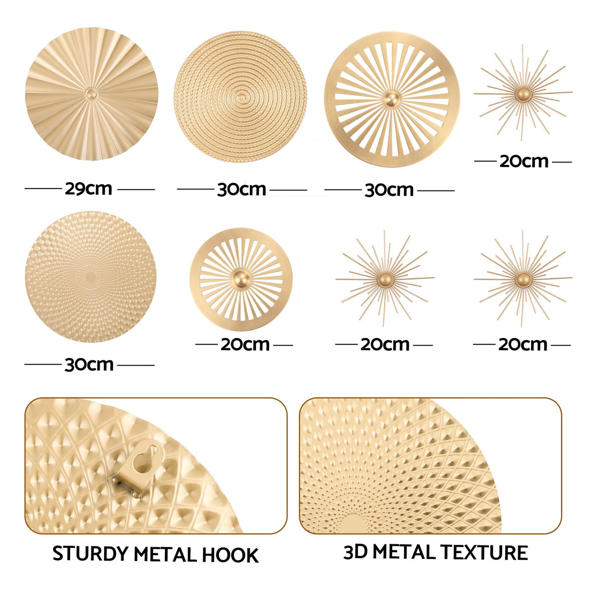 Artiss 8 Pieces Gold Metal Wall Decor Set 3D Starburst Round Disc Sculptures Flexible DIY Layout