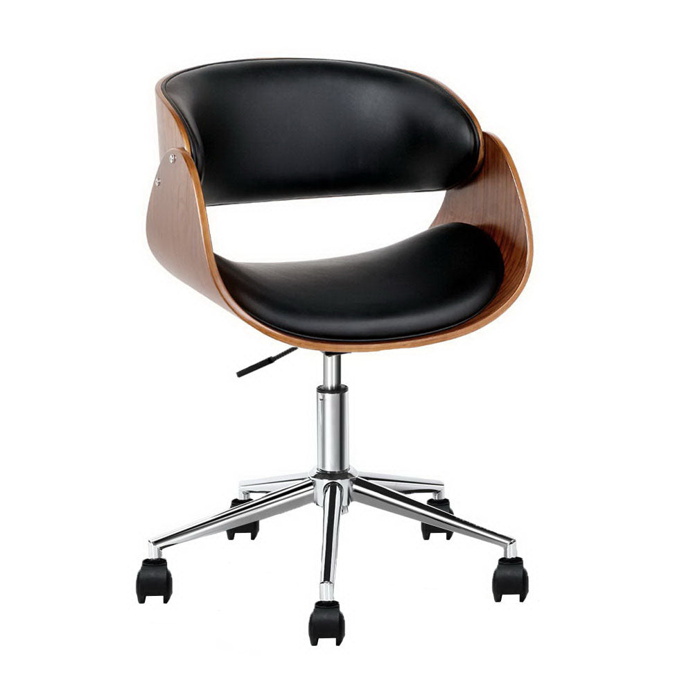 Retro Wooden Office Chair Leather Seat Black Brown