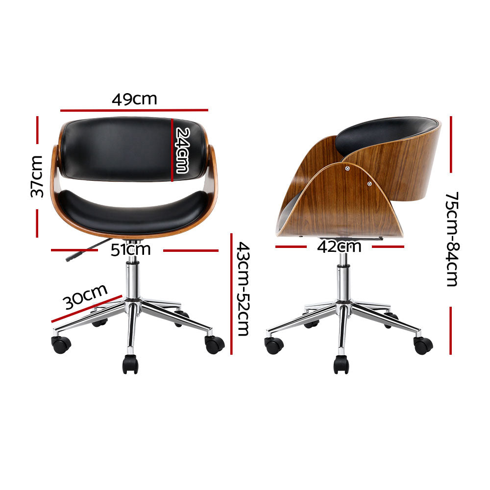 Retro Wooden Office Chair Leather Seat Black Brown