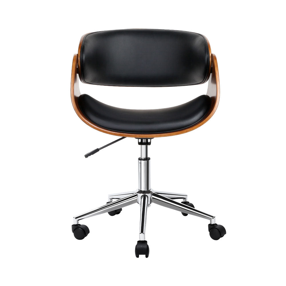 Retro Wooden Office Chair Leather Seat Black Brown