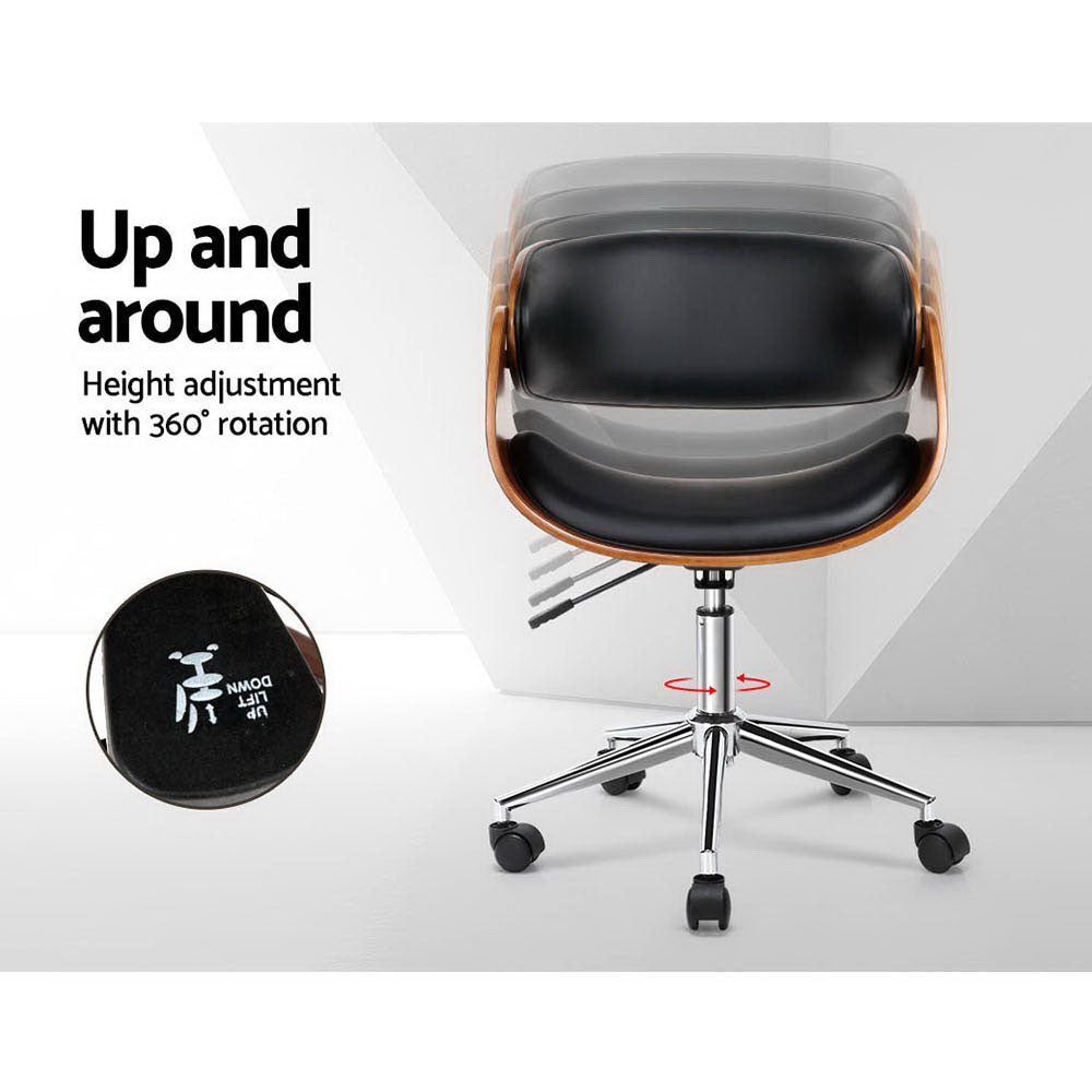 Retro Wooden Office Chair Leather Seat Black Brown