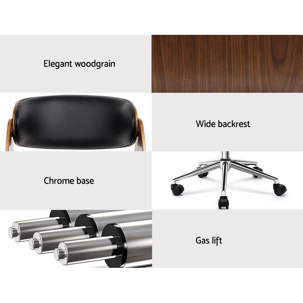 Retro Wooden Office Chair Leather Seat Black Brown