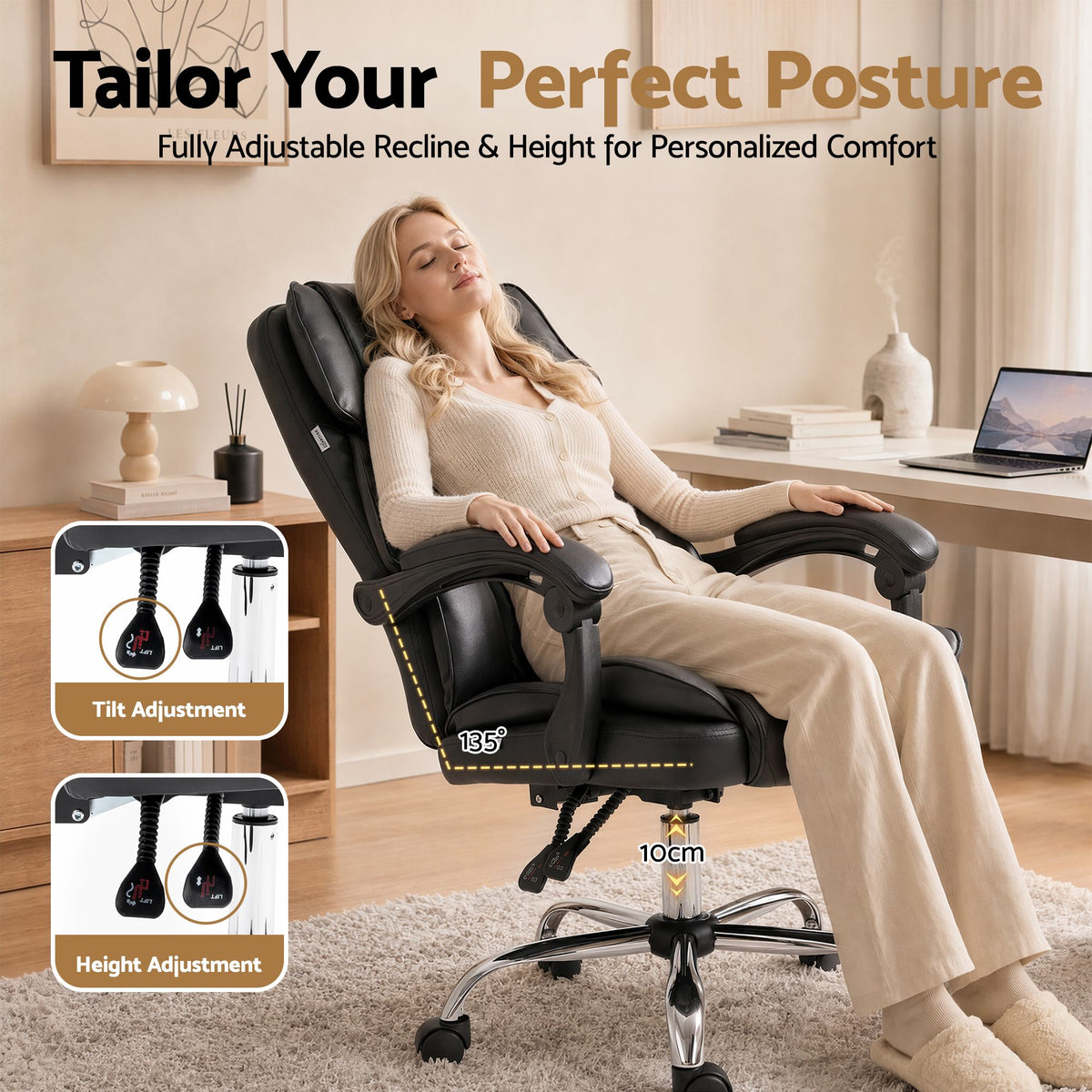 Camelon Executive Office Chair Leather Recliner Black