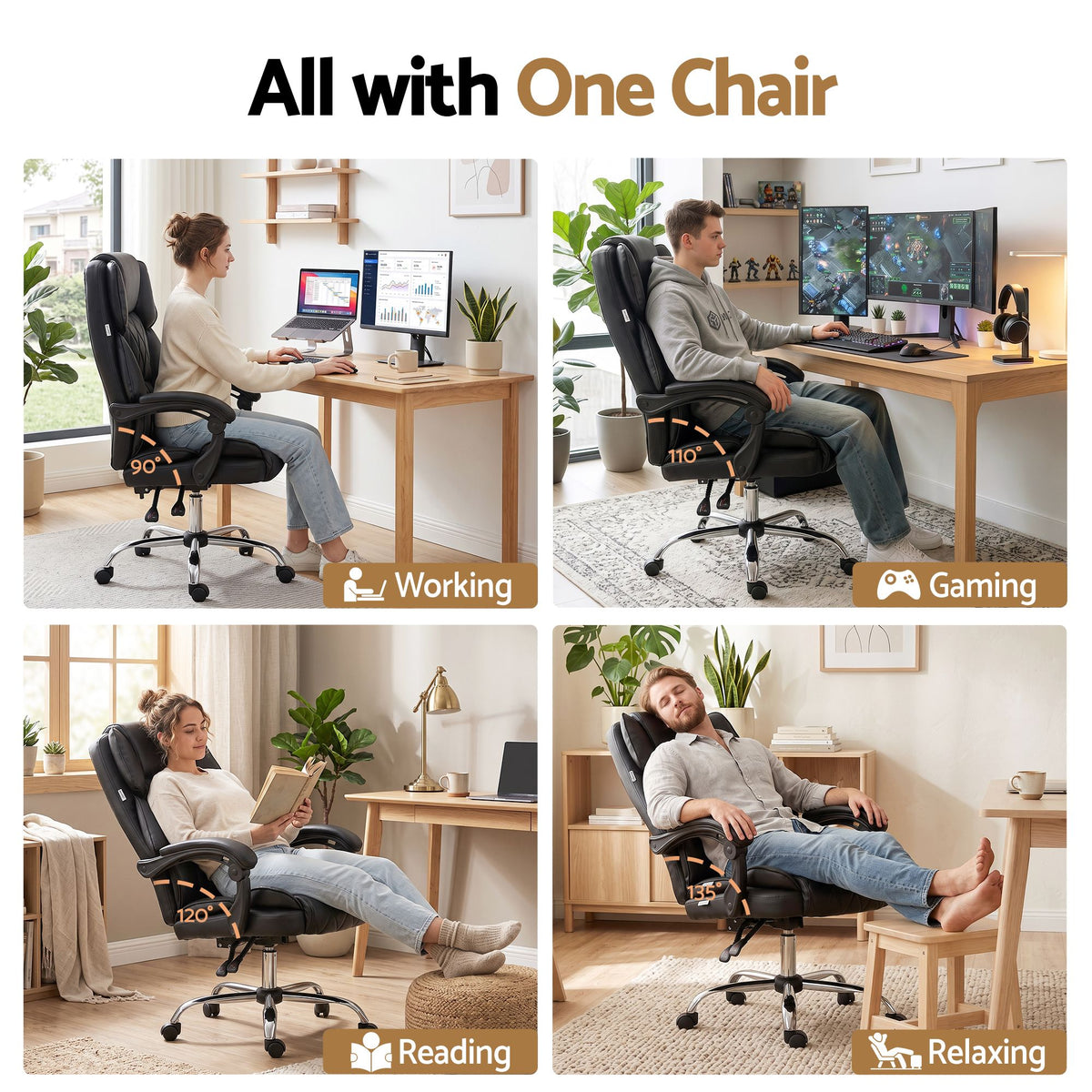 Camelon Executive Office Chair Leather Recliner Black