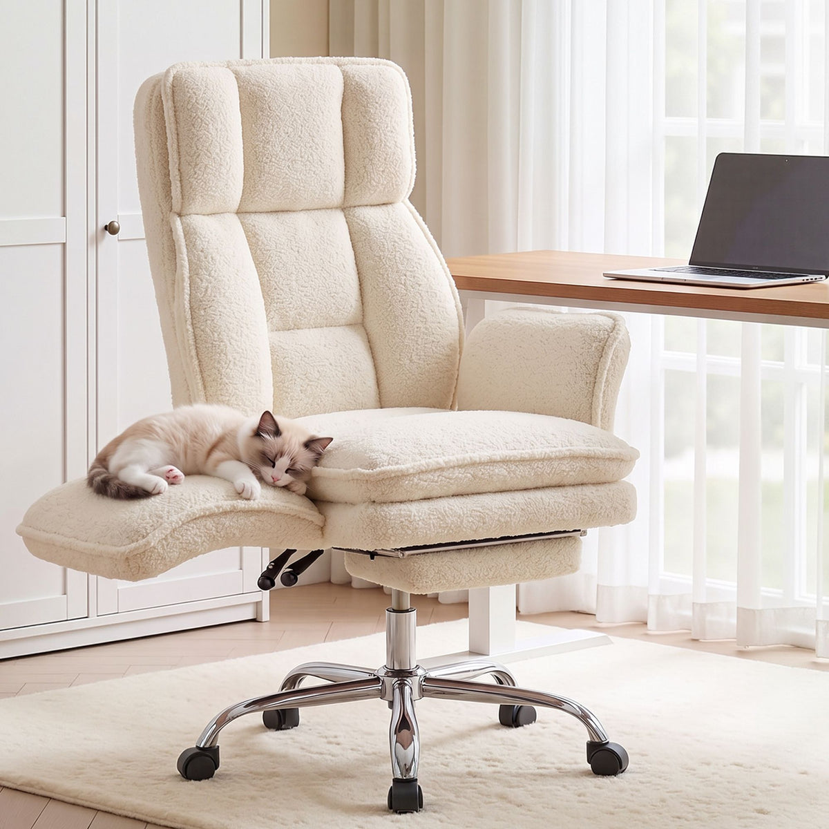 Artiss Big & Tall Criss Cross Office Chair with Flip Armrests Foot Rest Reclining Teddy Fleece Beige