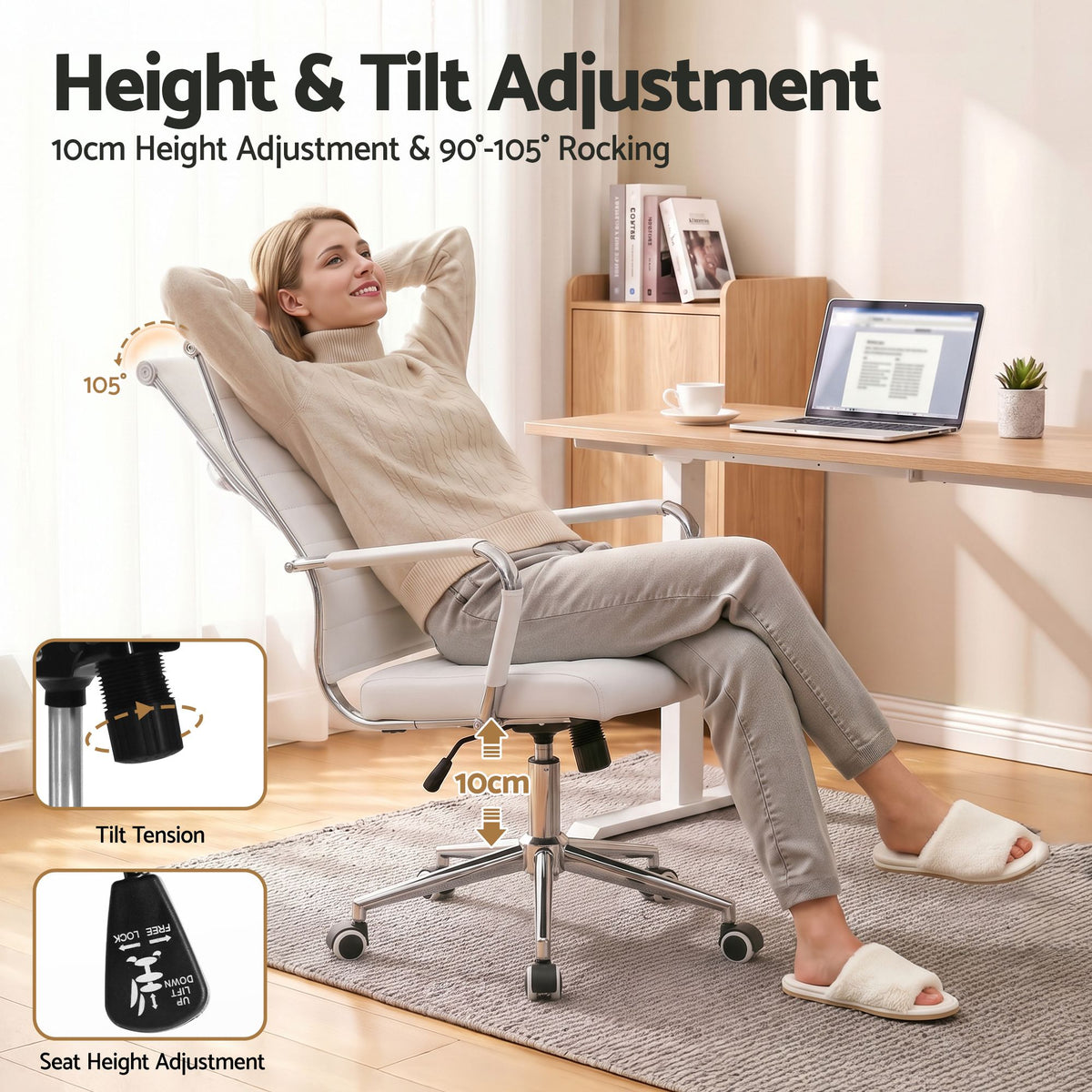 Artiss Conference Office Chair Swivel Computer Chair High Back Ribbed PU Leather White