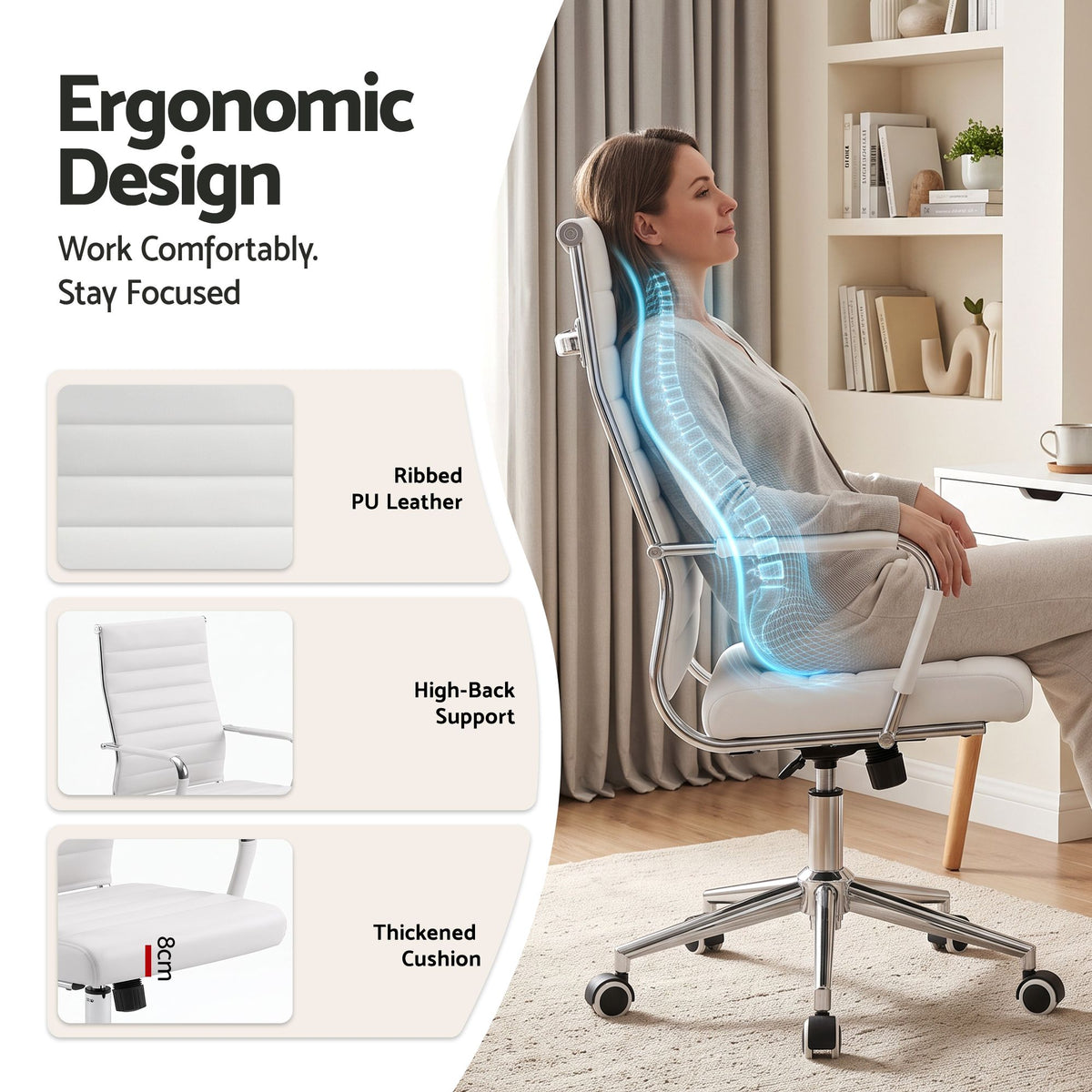 Artiss Conference Office Chair Swivel Computer Chair High Back Ribbed PU Leather White