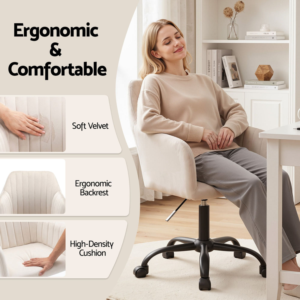 Artiss Mid Back Office Chair Velvet Seat Cream