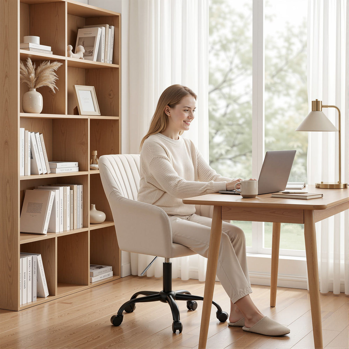 Artiss Mid Back Office Chair Velvet Seat Cream