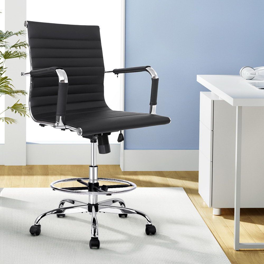 Artiss Drafting Office Chair Mid Back Black PU Leather