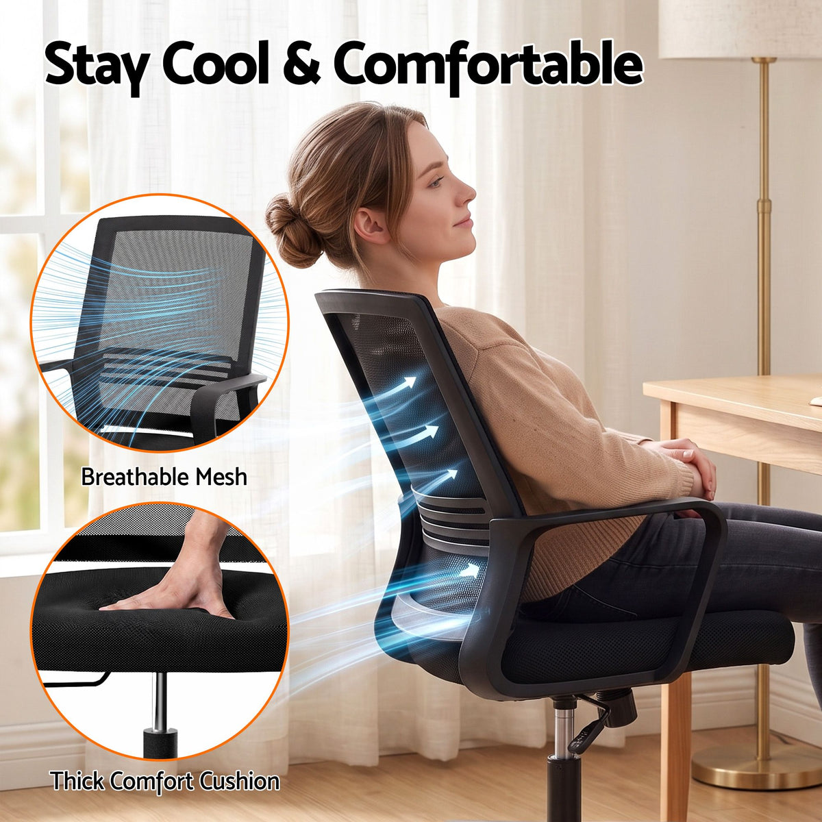Artiss Mid Back Mesh Office Chair with Castor Wheels Black