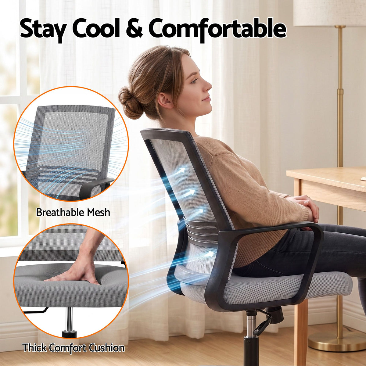 Artiss Mid Back Mesh Office Chair with Height Adjustment Grey
