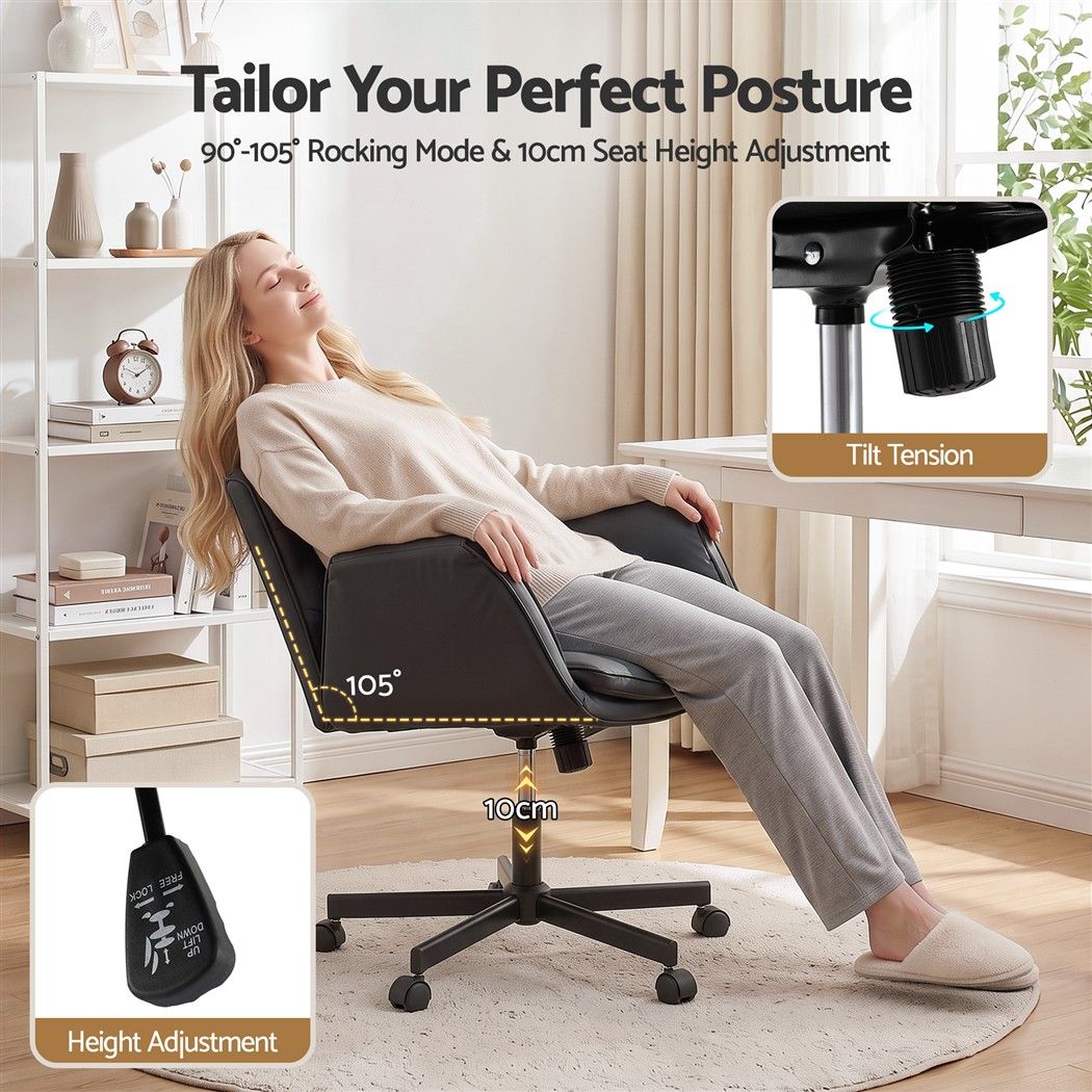 Artiss Cross Legged Office Chair Wide Seat PU Leather Swivel Black
