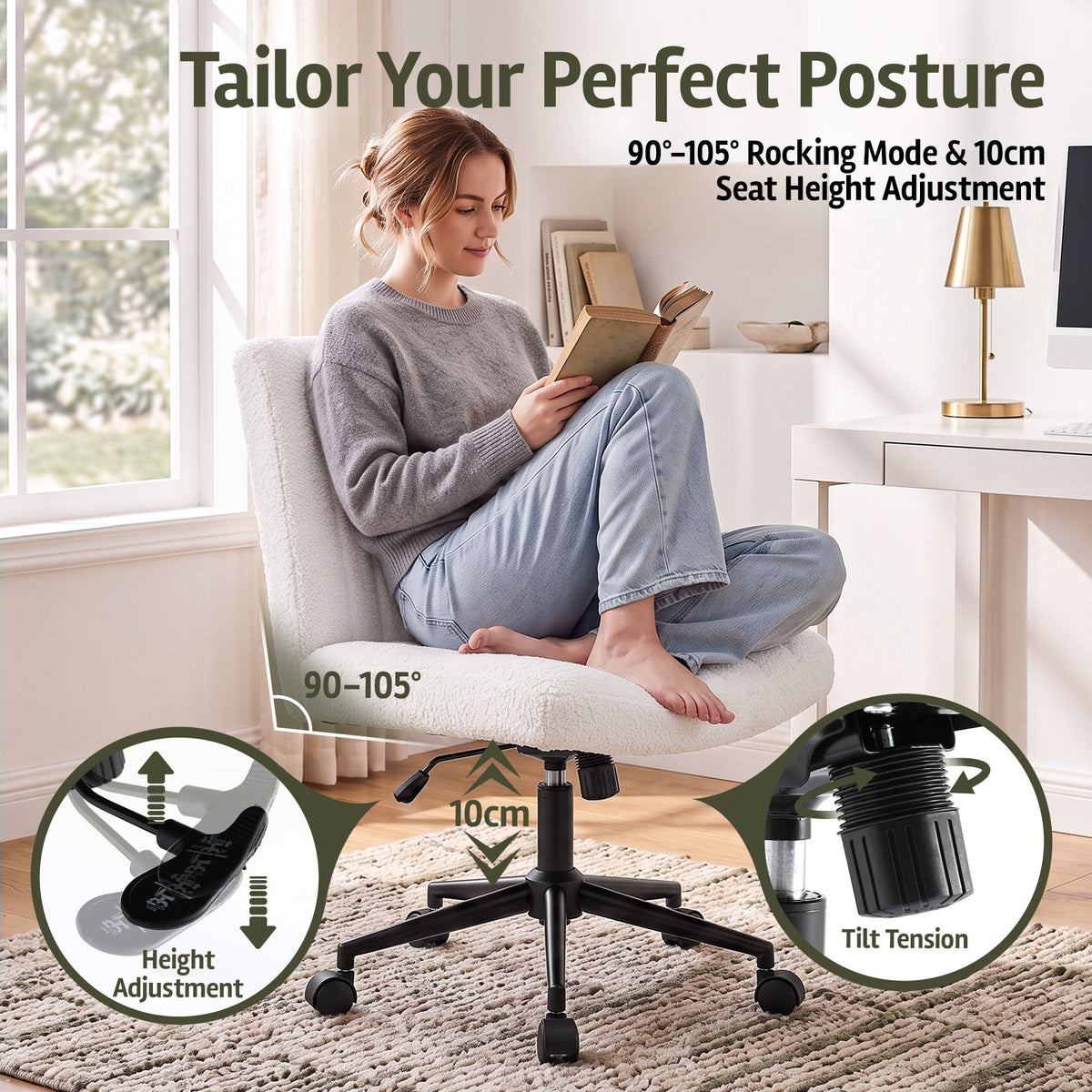 Artiss Armless Cross Legged Office Chair Teddy Fleece Beige