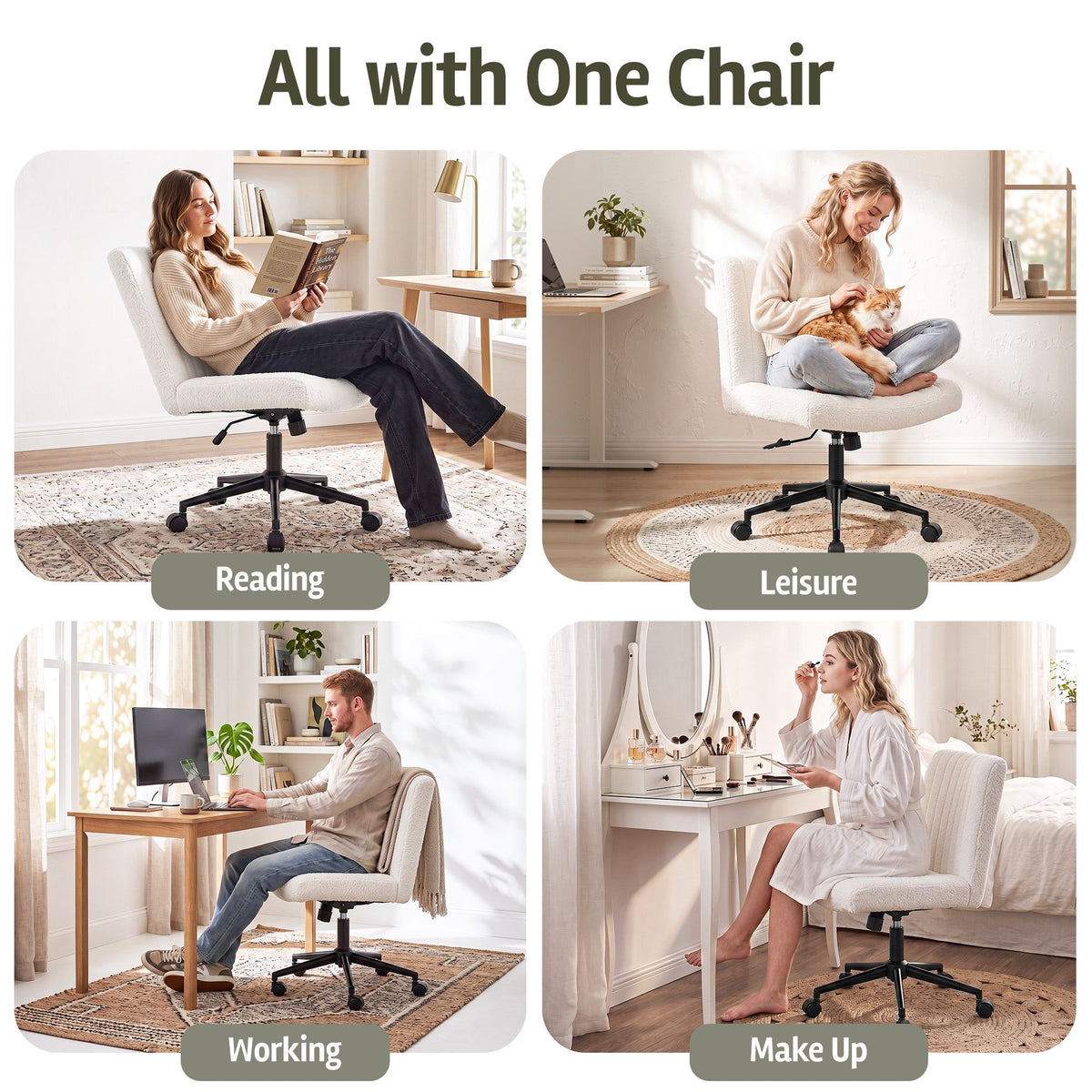 Artiss Armless Cross Legged Office Chair Wide Seat Vanity Chair Teddy Fleece Beige