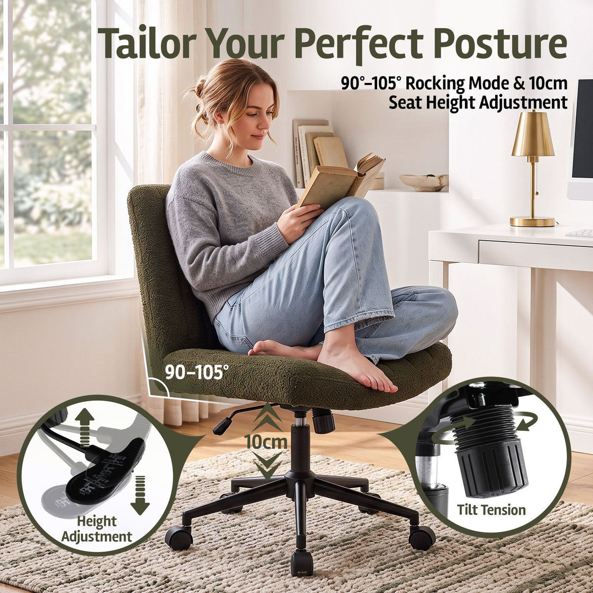 Artiss Armless Cross Legged Office Chair Teddy Fleece Green
