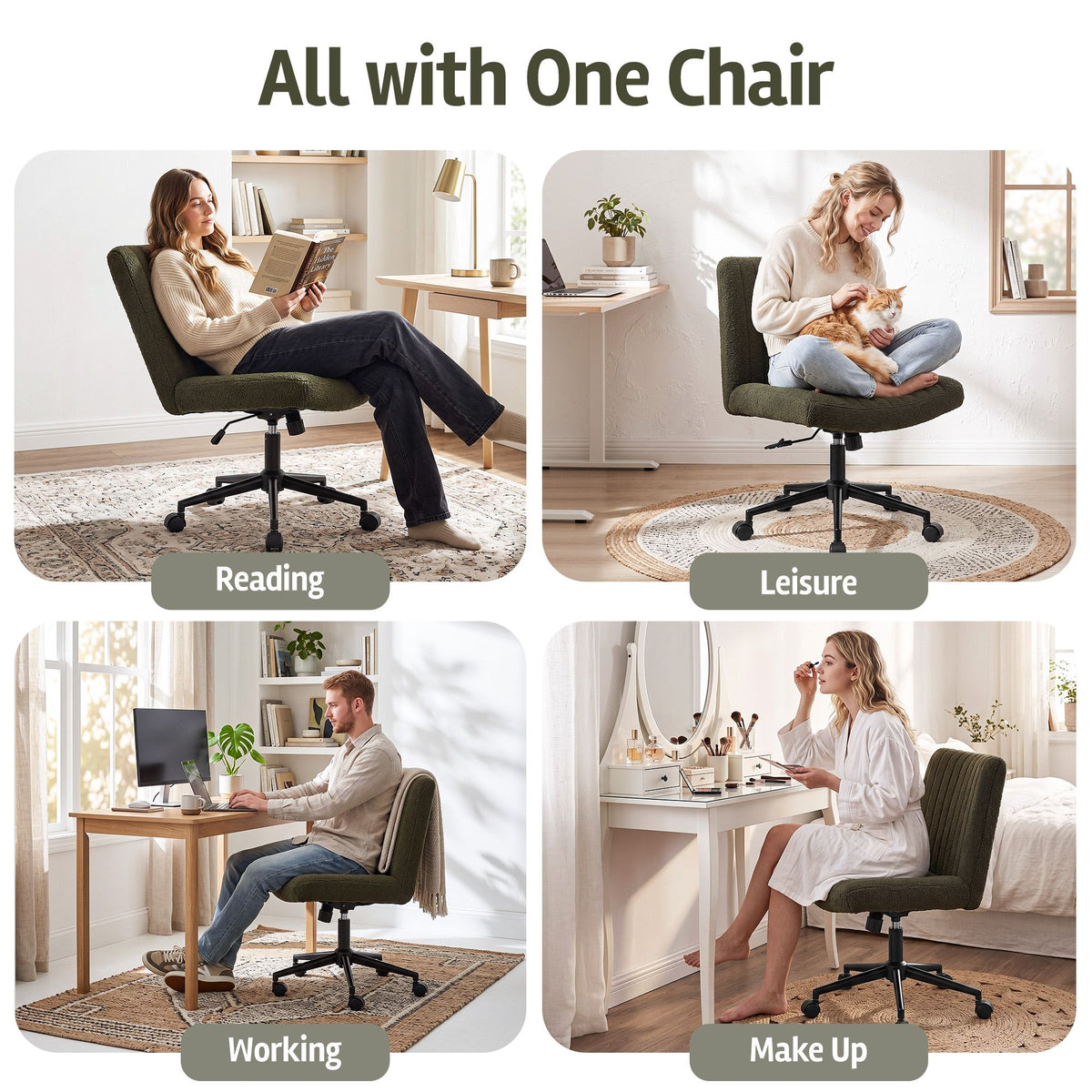 Artiss Armless Cross Legged Office Chair Wide Seat Vanity Chair Teddy Fleece Green