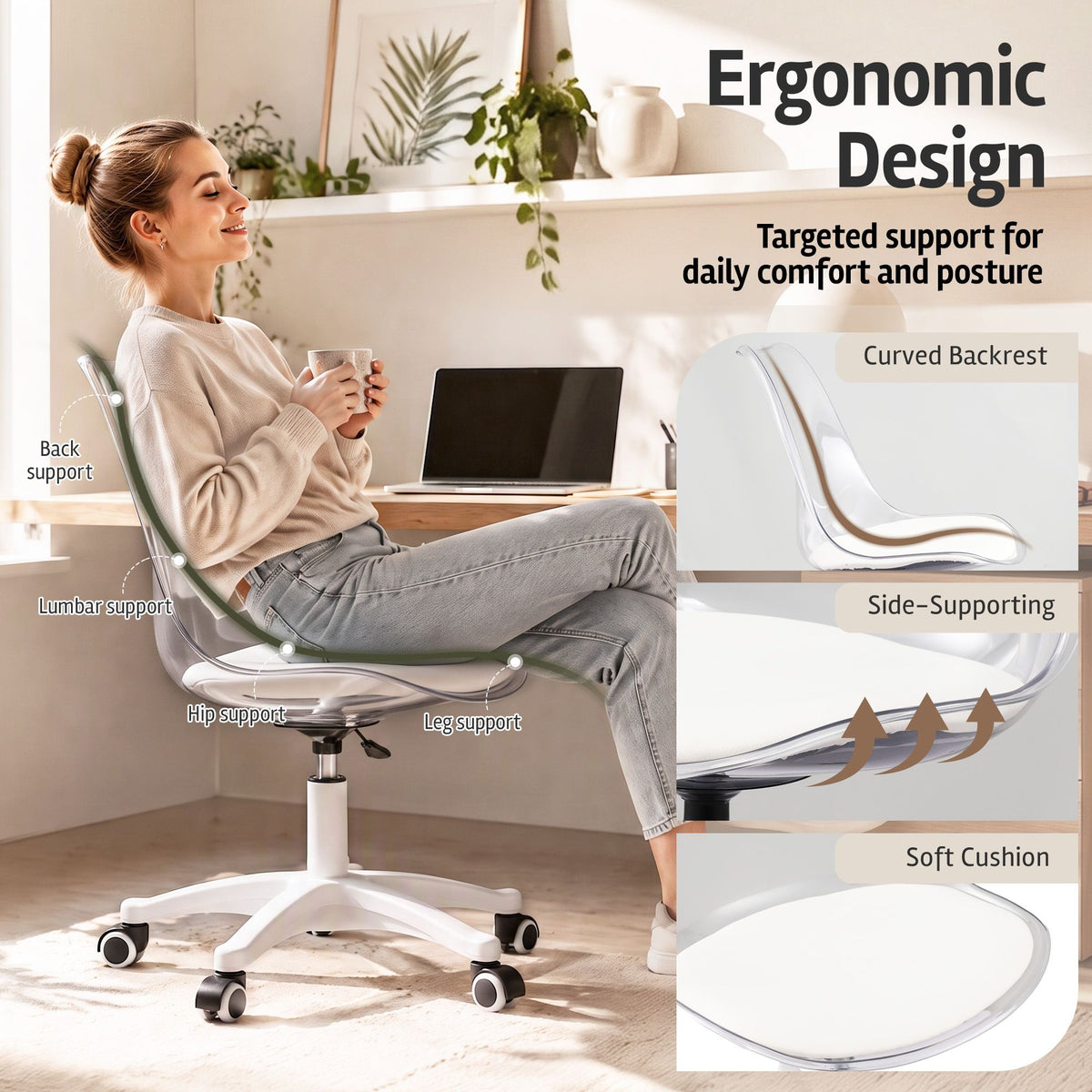 Artiss Clear Acrylic Armless Office Chair Vanity Desk White