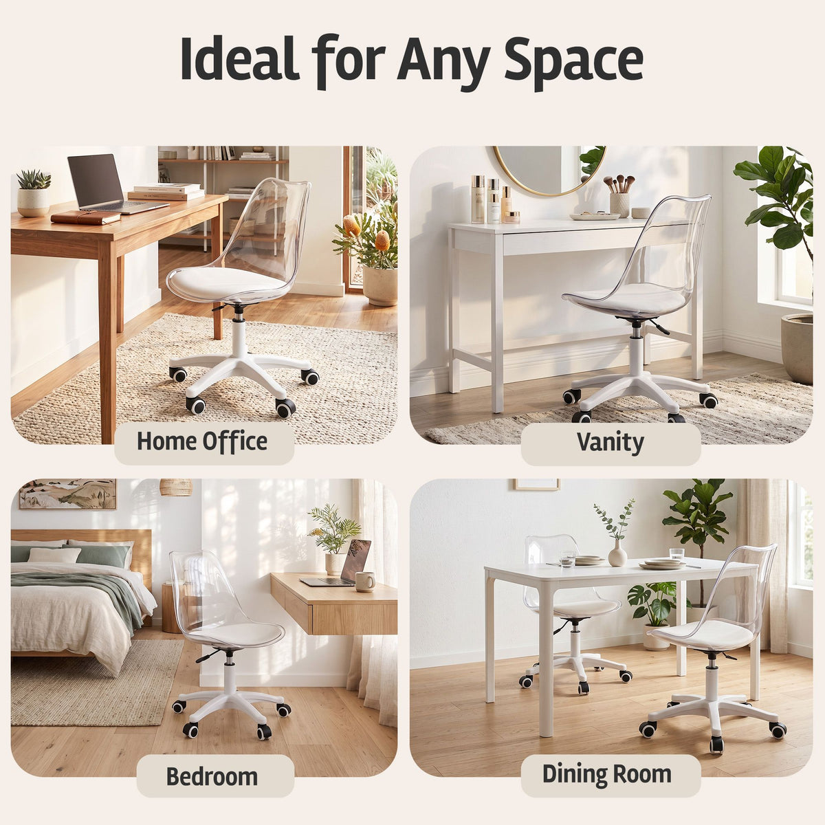 Artiss Clear Acrylic Armless Office Chair Vanity Desk White