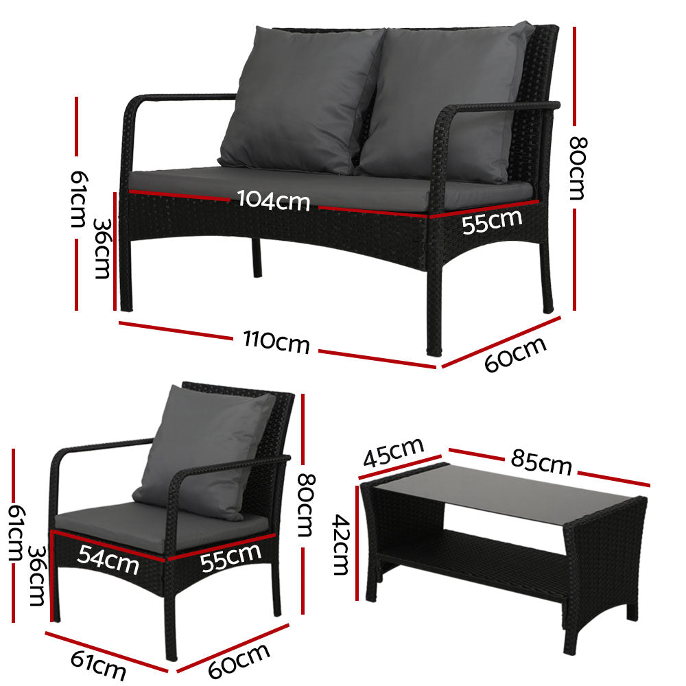Gardeon 4-Piece Outdoor Sofa Set Wicker Black Dark Grey Cushions