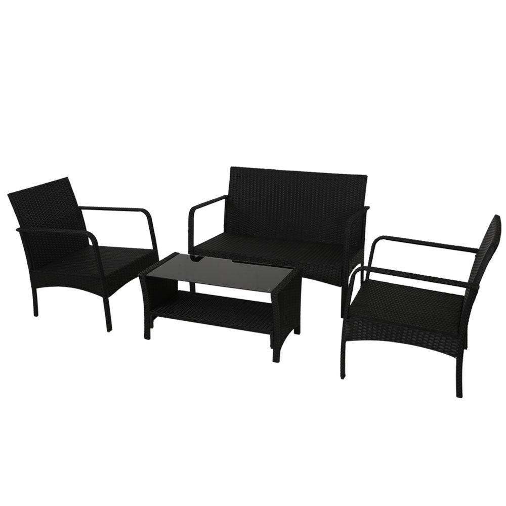 Gardeon 4-Piece Outdoor Sofa Set Wicker Black Dark Grey Cushions