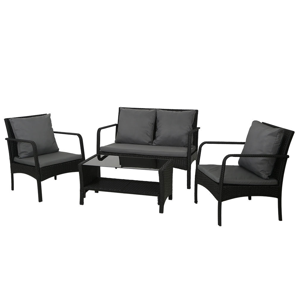Gardeon 4-Piece Outdoor Sofa Set Wicker Black Dark Grey Cushions