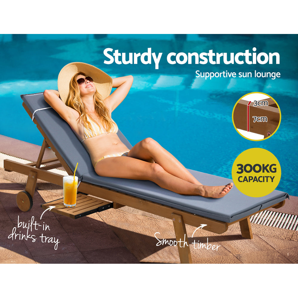 Gardeon Wooden Sun Lounger Outdoor Day Bed with Wheels Grey
