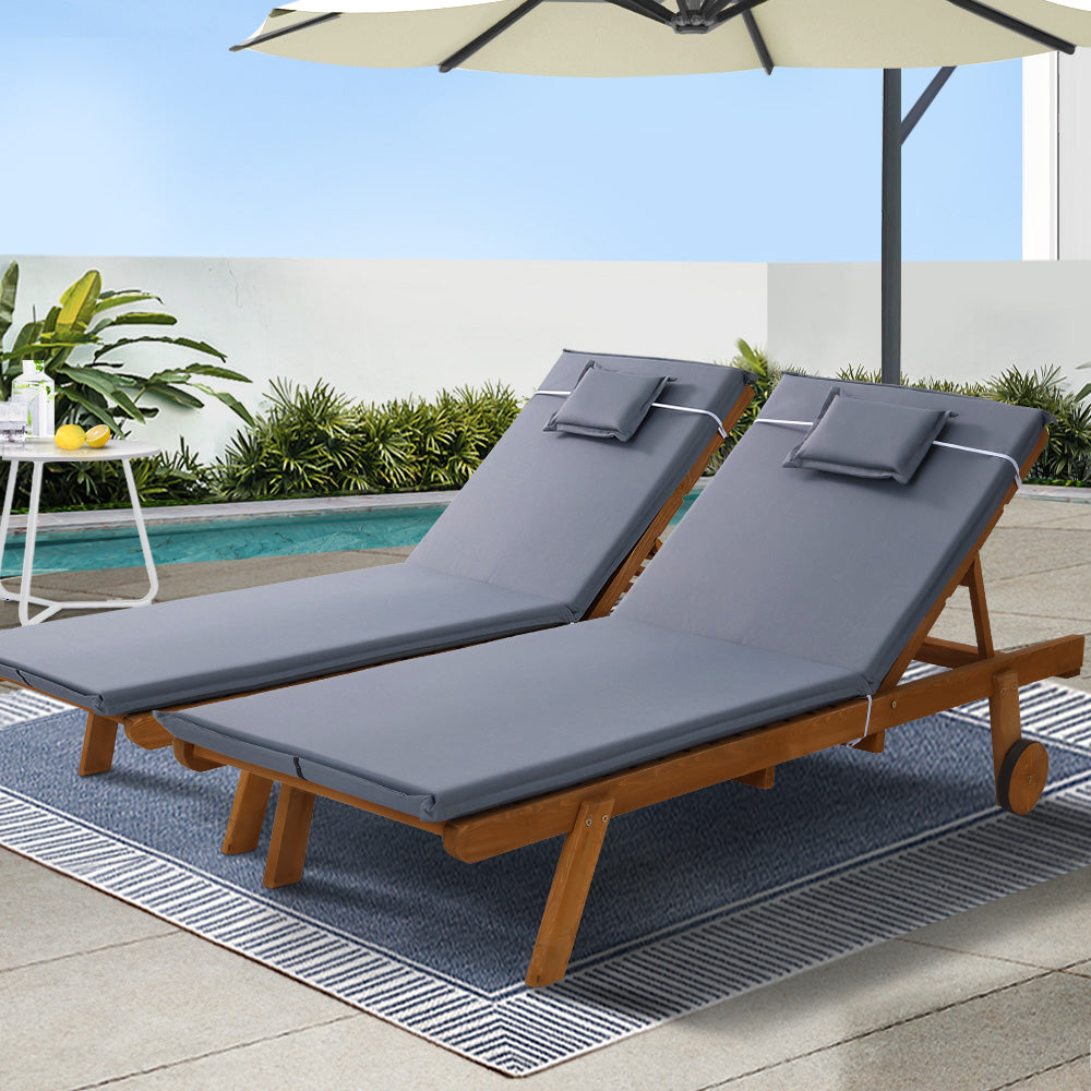 Gardeon 2 Piece Wooden Sun Lounger Set Outdoor Day Bed Wheels Grey
