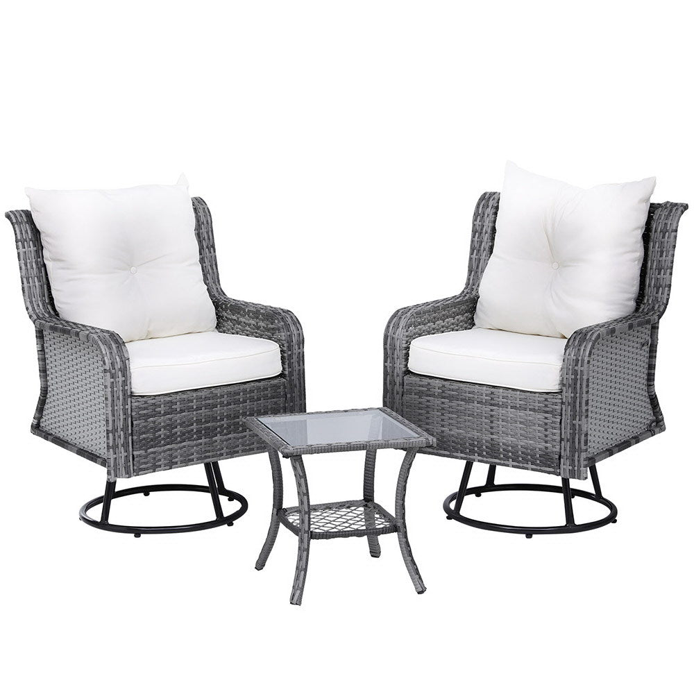 Gardeon 3-Piece Outdoor Bistro Set Wicker Swivel Chairs Table Grey