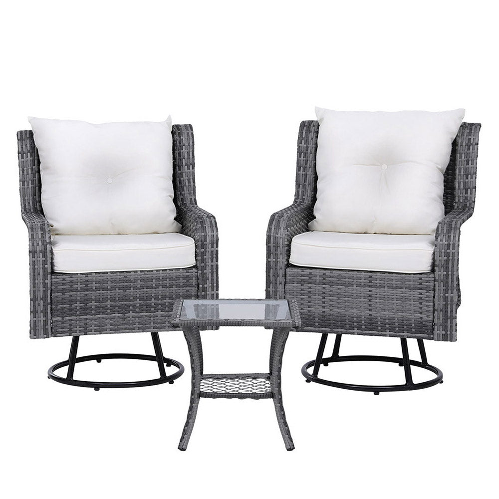 Gardeon 3-Piece Outdoor Bistro Set Wicker Swivel Chairs Table Grey