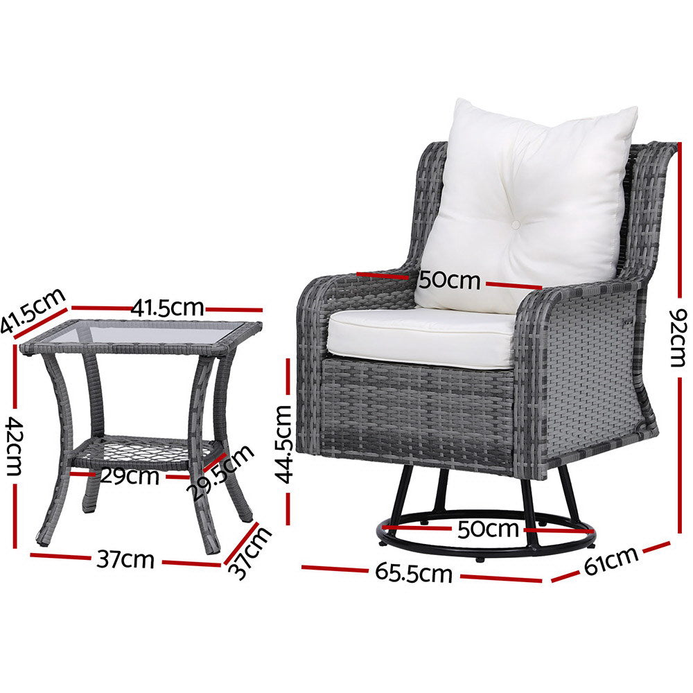 Gardeon 3-Piece Outdoor Bistro Set Wicker Swivel Chairs Table Grey