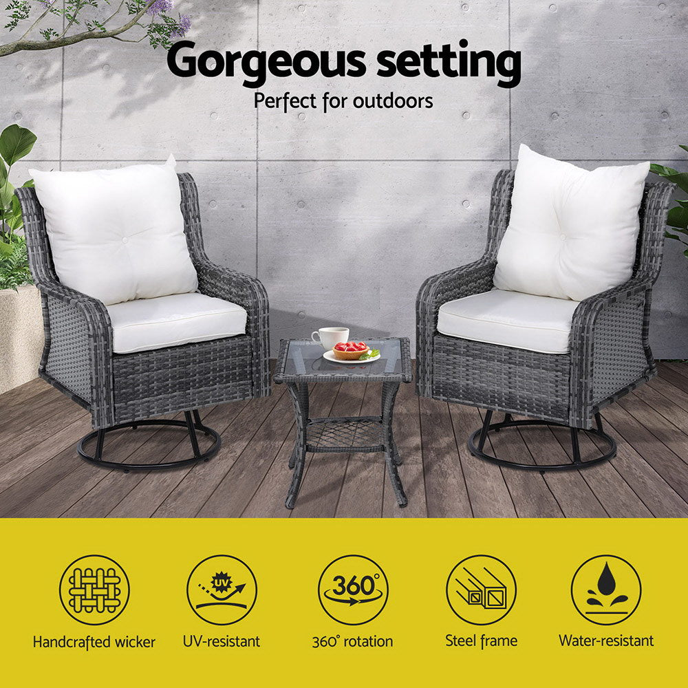 Gardeon 3-Piece Outdoor Bistro Set Wicker Swivel Chairs Table Grey
