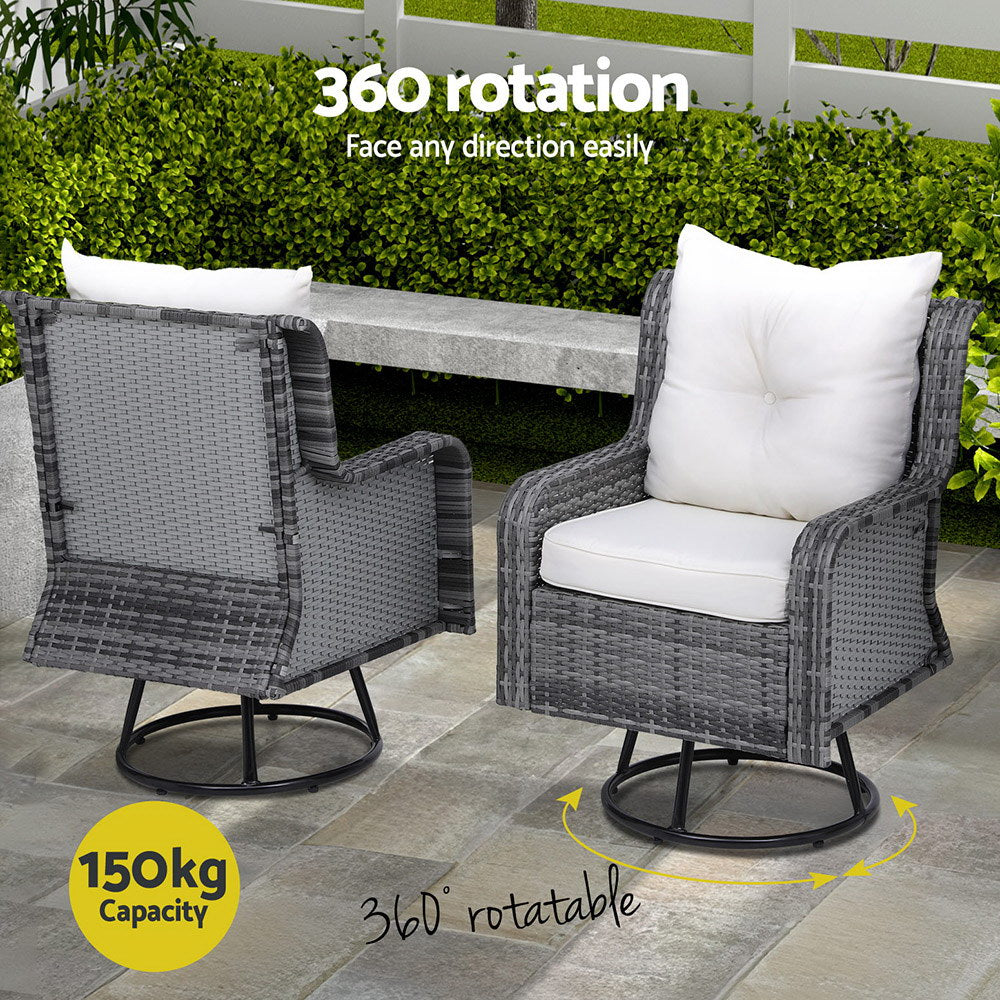 Gardeon 3-Piece Outdoor Bistro Set Wicker Swivel Chairs Table Grey