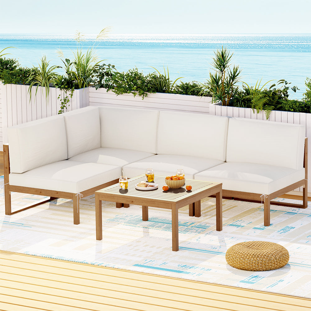 Gardeon 4-Seater Outdoor Lounge Set Wooden 5PCS Oak Beige Cushions