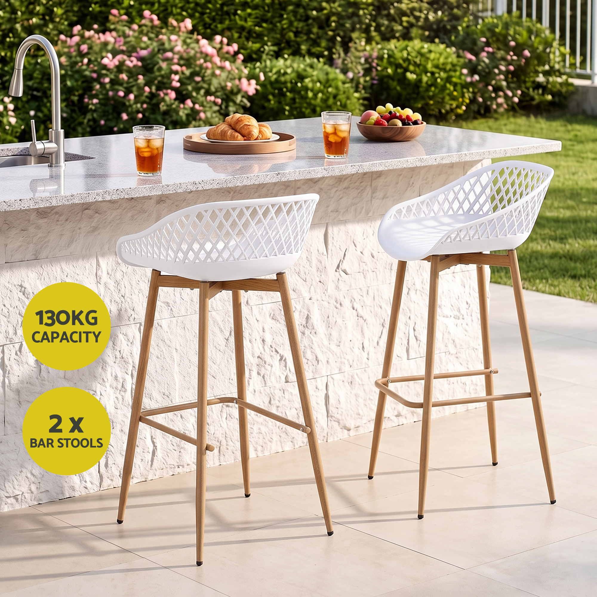Gardeon 2PC Outdoor Bar Stools Plastic Metal Dining Chair Patio Furniture White