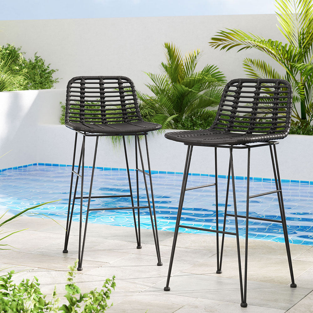 UV-Resistant Wicker Bar Stools 2pc Set Metal Frame - Gardeon