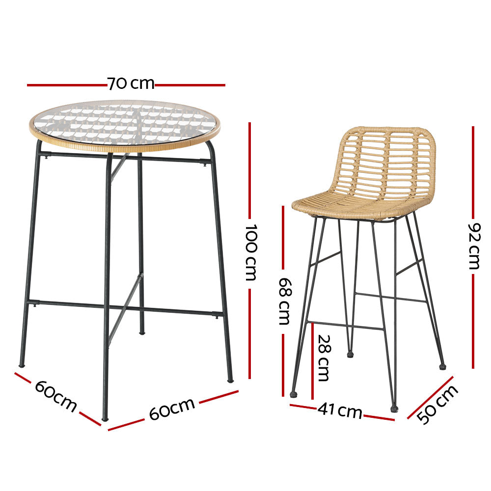 Gardeon 3-Piece Outdoor Bar Set Wicker Table Chairs Brown/Black
