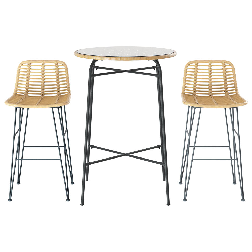 Gardeon 3-Piece Outdoor Bar Set Wicker Table Chairs Brown/Black