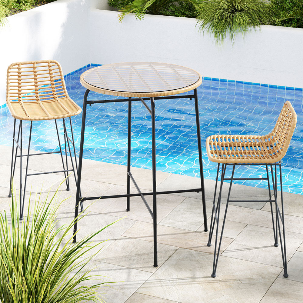 Gardeon 3-Piece Outdoor Bar Set Wicker Table Chairs Brown/Black