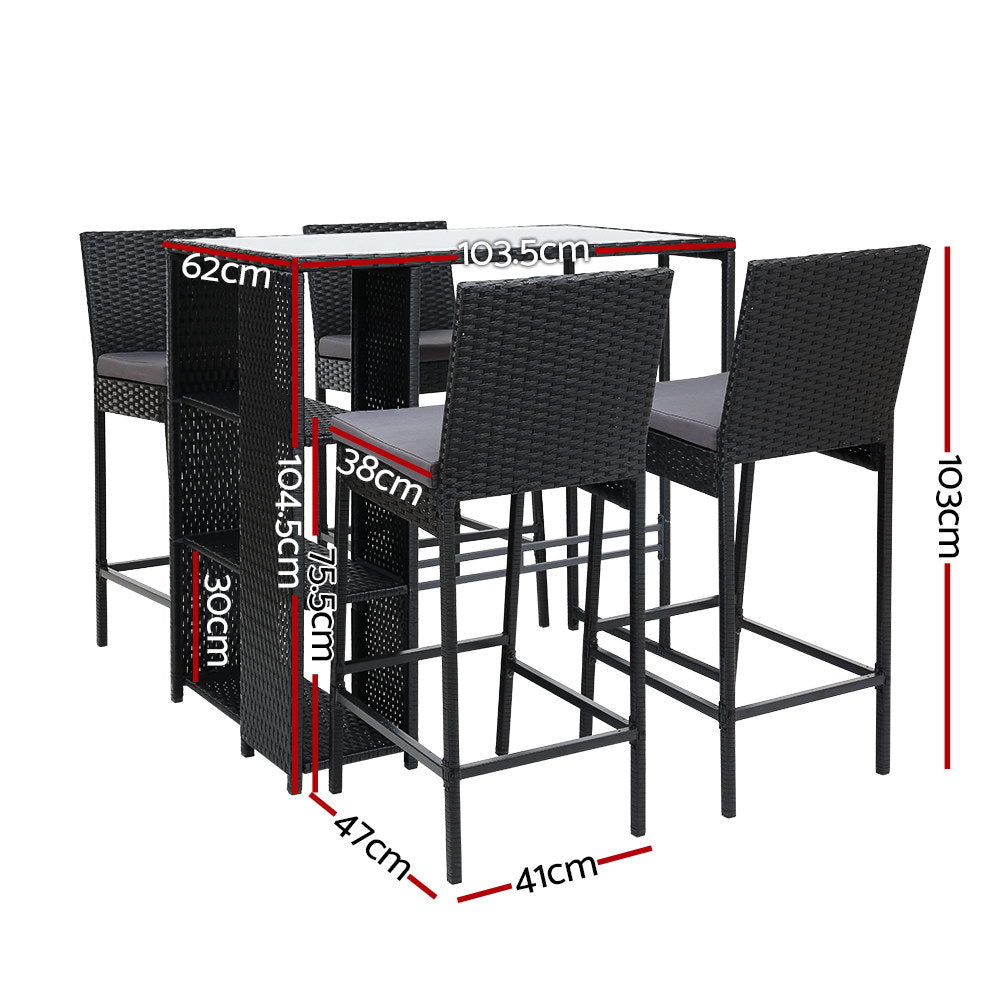 Gardeon 5-Piece Outdoor Bar Set Wicker Table Stools Grey Cushions