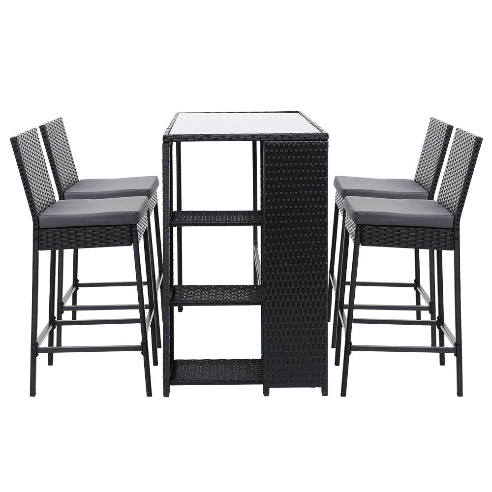 Gardeon 5-Piece Outdoor Bar Set Wicker Table Stools Grey Cushions