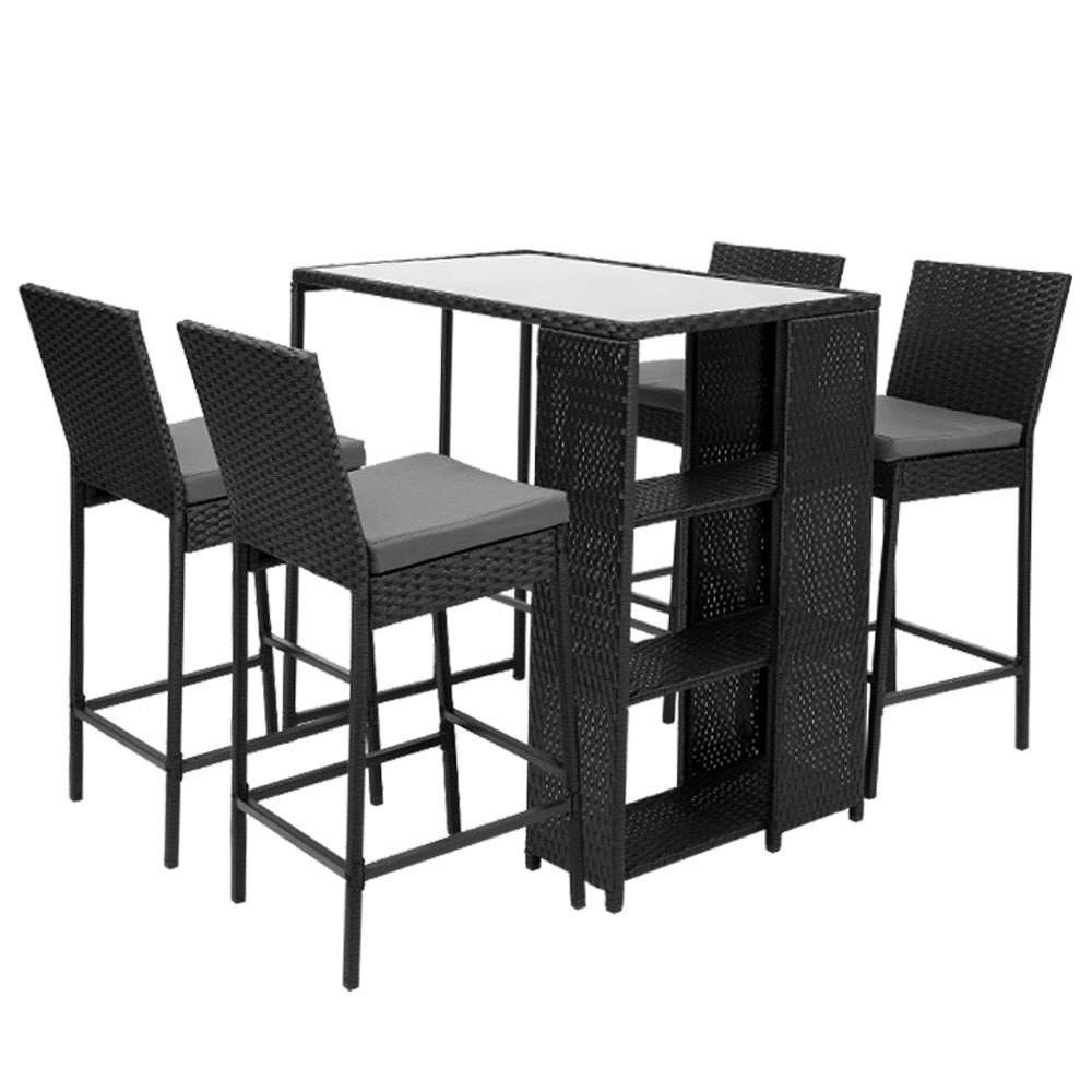 Gardeon 5-Piece Outdoor Bar Set Wicker Table Stools Grey Cushions