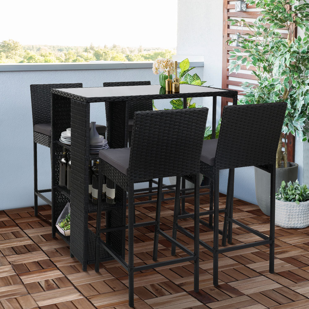 Gardeon 5-Piece Outdoor Bar Set Wicker Table Stools Grey Cushions